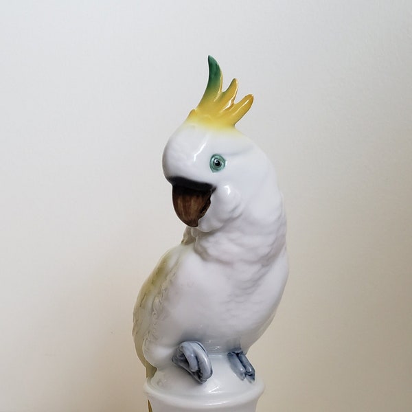 Gerold Porzellan Bavaria Made in Western Germany 12784 White Porcelain Cockatiel Figurine with Yellow, Blue, Green, and Brown