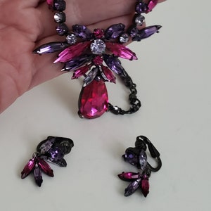 Stunning Sherman Japanned Fuchsia or Hot Pink and Purple Crystal Rhinestone Necklace and Earrings Set in Blue Velveteen Presentation Box