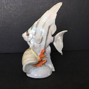 Vintage Hungary Handpainted Porcelain Angelfish Figurine Iridized Hungarian