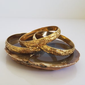 Three 18 K Gold Plate Bangles with Etched Design, Twinkling Indian Bridal Bangles, Yellow Gold Bridesmaid Gifts