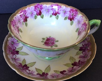 Gorgeous Antique 1800&#39;s Nippon Hand Painted With Pink And Fuchsia Flowers Cup And Saucer