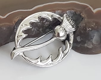 Puede incluir: Broche plateado con diseño de cardo. El broche tiene un marco circular con hojas estilizadas y una flor de cardo detallada. El broche está diseñado para ser usado en la ropa.
