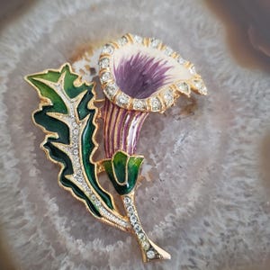 Vintage Enamel and Rhinestone Thistle Brooch, Shawl or Lapel Pin, Purple, Green, and Gold Thistle Flower Brooch