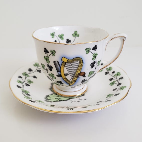 Vintage Queen Anne Irish Teacup Set: Shamrock & Harp Fine Bone