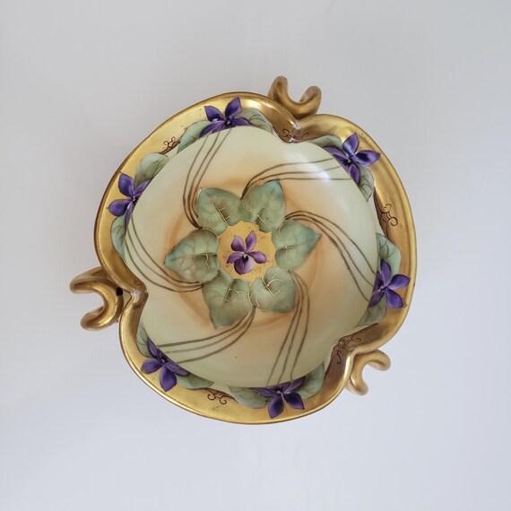 Antique Pickard China Bowl: Art Nouveau Violets, Heavy Gold Trim