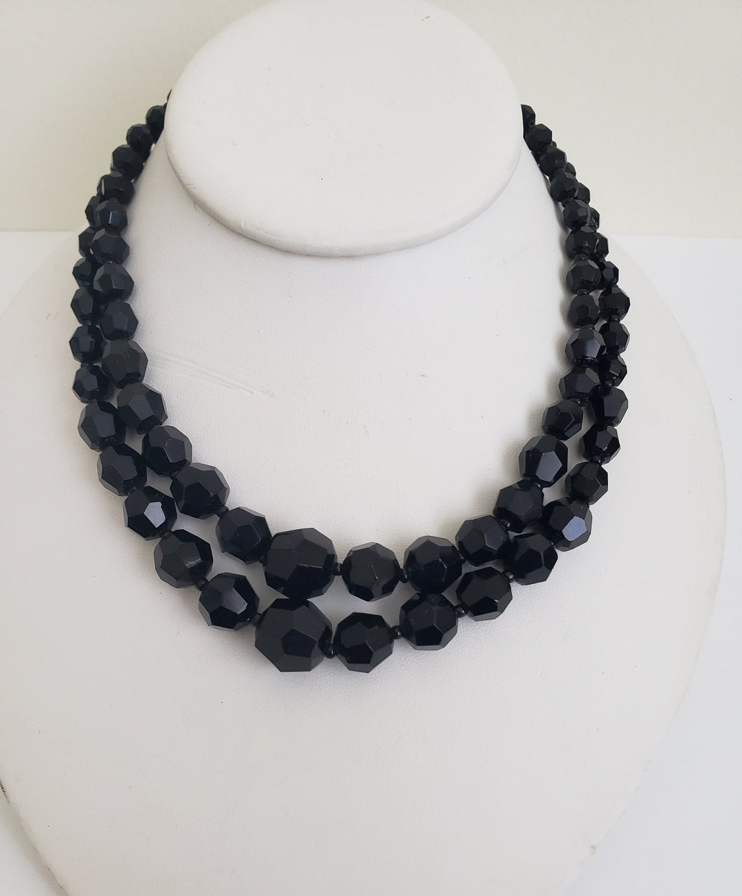 Collier Ancien Perles De Jais Facettées Double Rang - 53 Cm - Bijou Vintage Noir Verre - Occasion