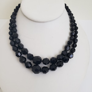 Vintage Double Strand French Jet Faceted Glass Bead Necklace With Gold Tone Bow Detail