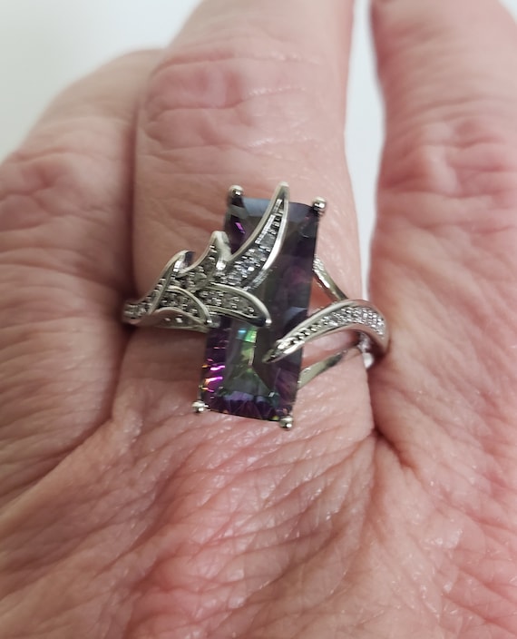 925 Silver Ring, Emerald Cut Rainbow Fire Mystic … - image 2