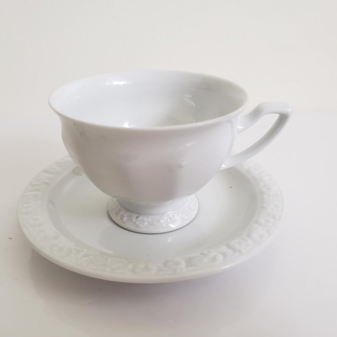 Rosenthal Classic Rose Tea Cup and Saucer Set: Embossed White