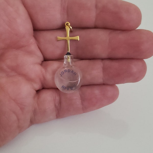 Miniature Souvenir Vial Jordan River Water on Gold Tone Cross Pendant