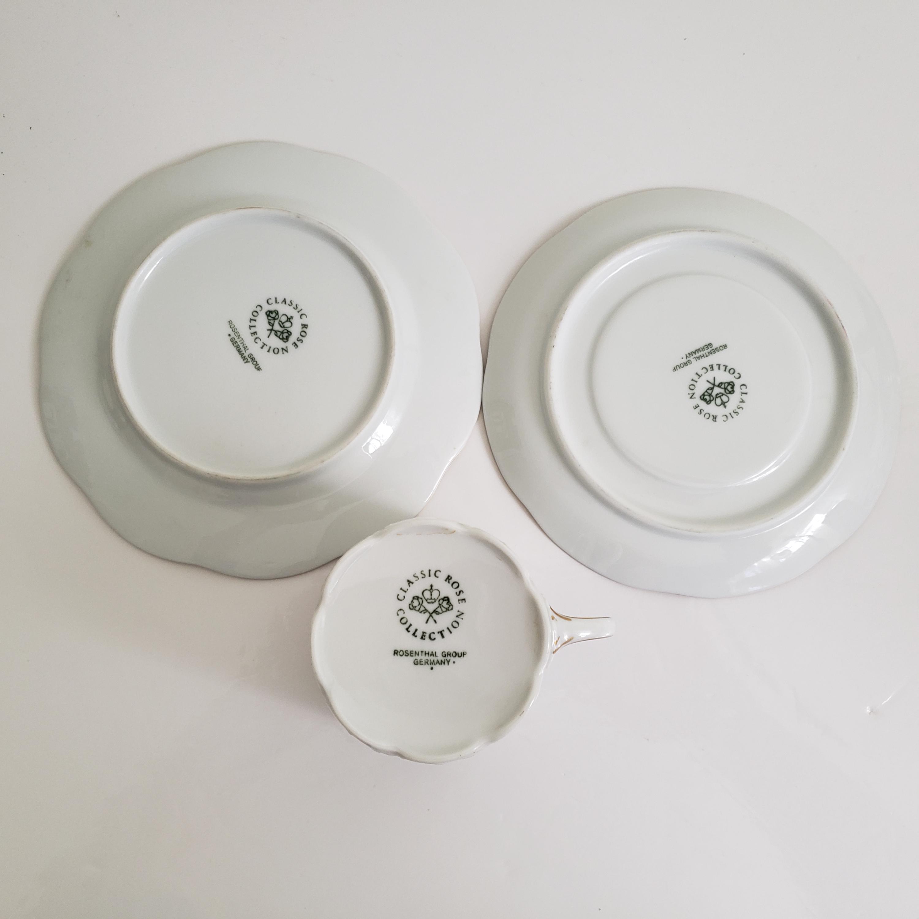 Rosenthal Classic Rose Trio: White Porcelain Cup, Saucer, Cake