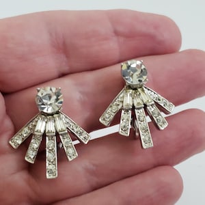 Vintage Art Deco Style Clear Crystal Clip On Earrings, Dainty Sparkle Bridal Earrings