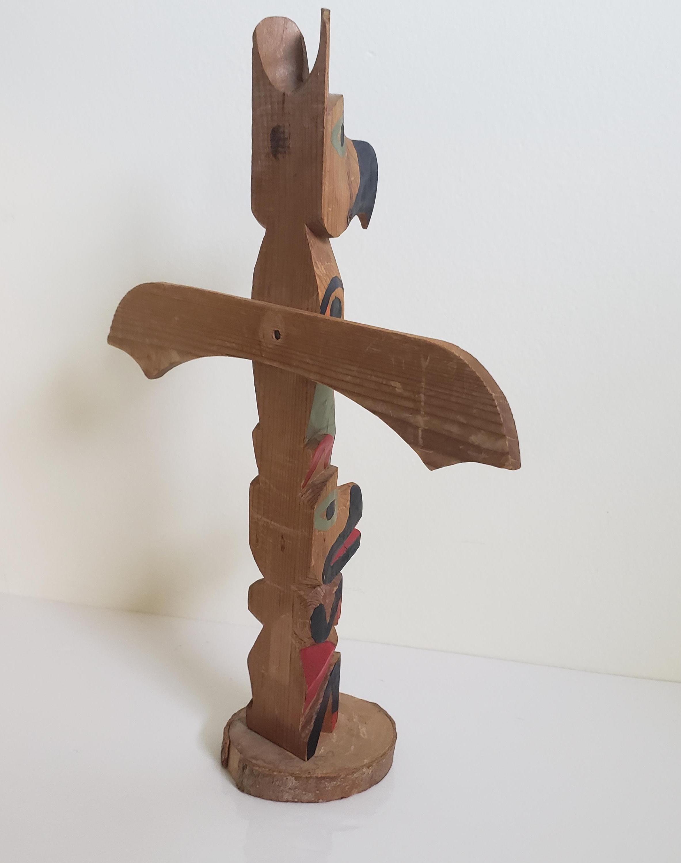 Vintage Hand Carved Totem Pole: Pacific Northwest Indigenous Art