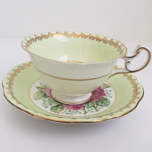 Mid Century EB Foley Light Green Teacup and Saucer with Cabbage Roses, 3649