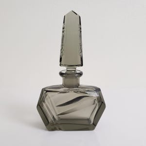 Antique Art Deco Smokey Grey Glass Perfume Bottle and Dauber, Bohemian, Czech Glass, 1920s to 1930s