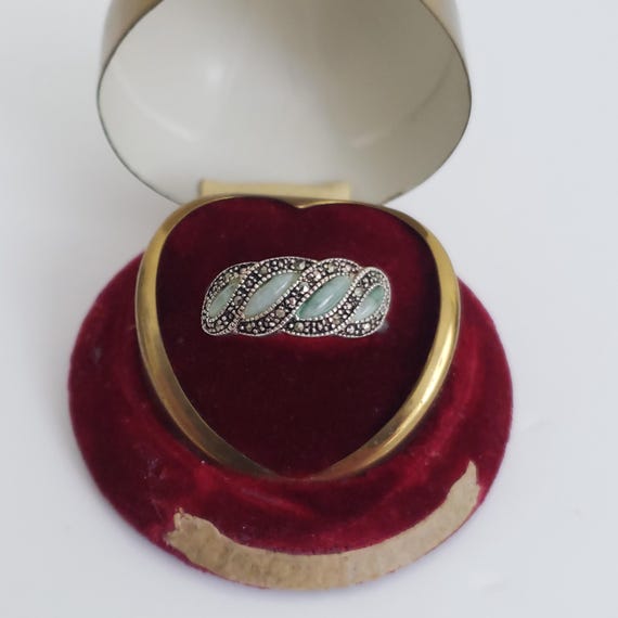 Vintage Nevada Silver Mine Jade Marcasite Ring, US Size 9.5