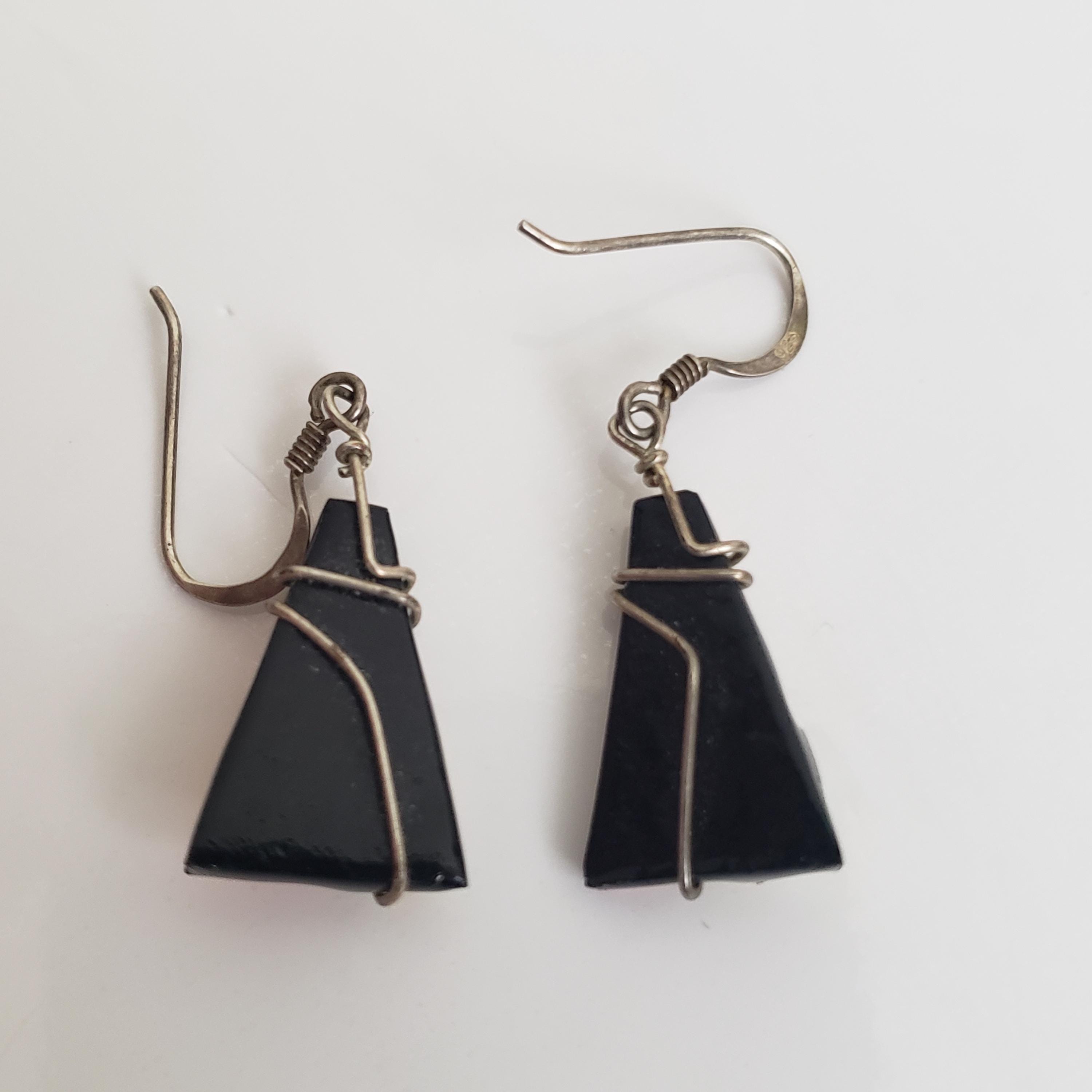 Boucles D'oreilles Vintage En Verre Dichroïque Noir Irisé - Clips Laiton - Look Bohème