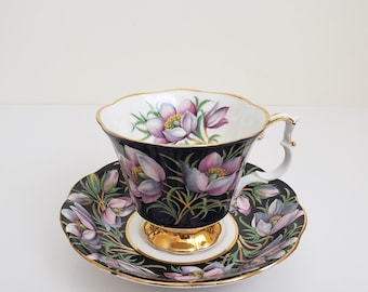 Royal Albert Prairie Crocus Teacup and Saucer Set From The Provincial Flowers Series, Black Chintz Gainsborough Shape, Made in England