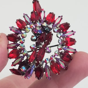 Stunning Unsigned Sherman Siam Red Japanned Mid Century Cluster Brooch, Red Aurora Borealis Crystal Brooch