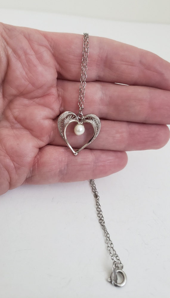 Vintage Sterling Silver Filigree Heart Pendant Wit