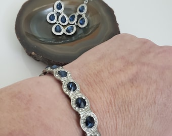 Vintage Stretch Bracelet and Dangle Drop Earrings, Sapphire Blue and Clear Rhinestones on Silver Tone Metal