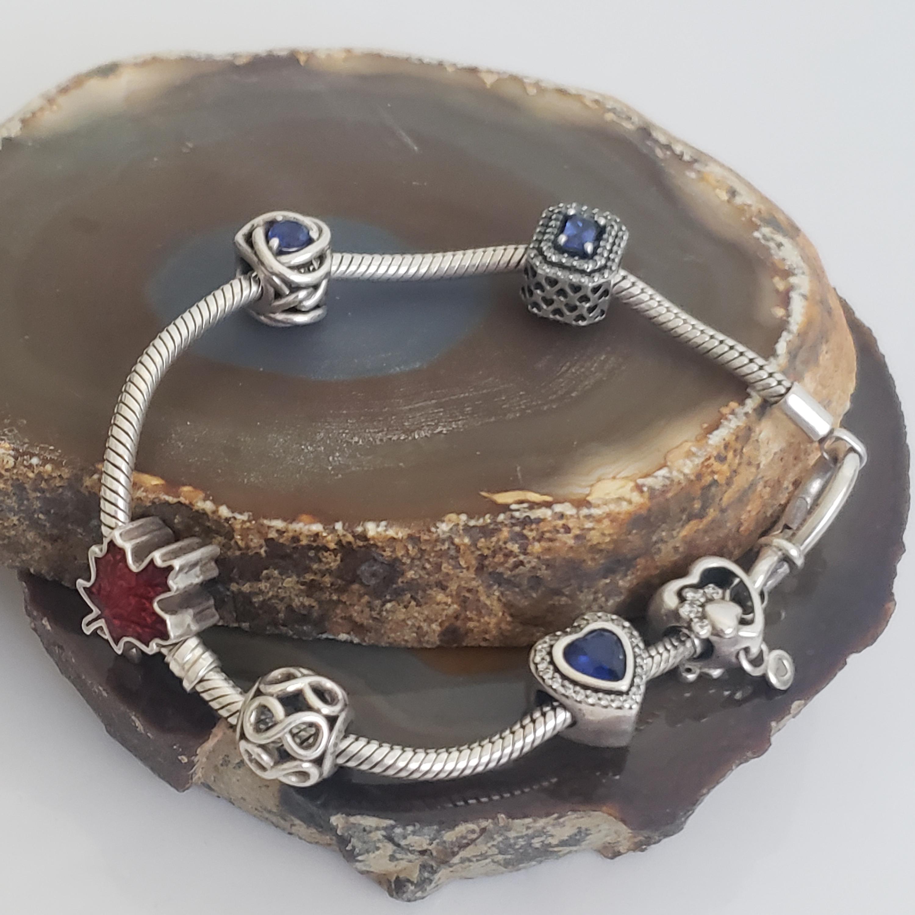 Vintage Pandora Sterling Silver Snake Chain Bracelet With Six