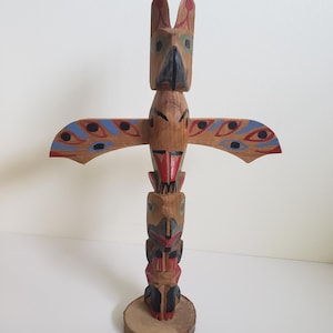 Pacific Northwest First Nations Totem Pole, Table Top Indigenous Art Piece, Hand Carved and Decorated