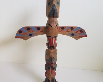 ヴィンテージ手彫り木製トーテムポール：北西部先住民アート（17.6