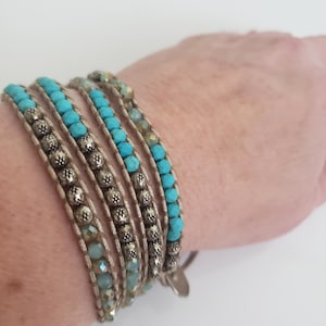 Vintage Wrap Around Bracelet or Choker, Leather and Bead Macramé Strand
