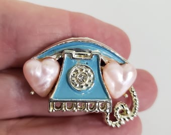 Vintage Rotary Phone Brooch: Pink, Blue & Silver Tone Telephone Pin