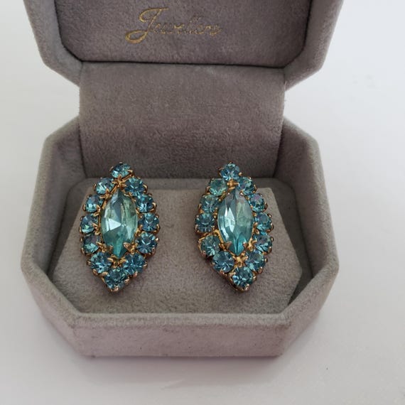 Vintage Aquamarine Rhinestone Clip on Earrings: Mid Century Bridal