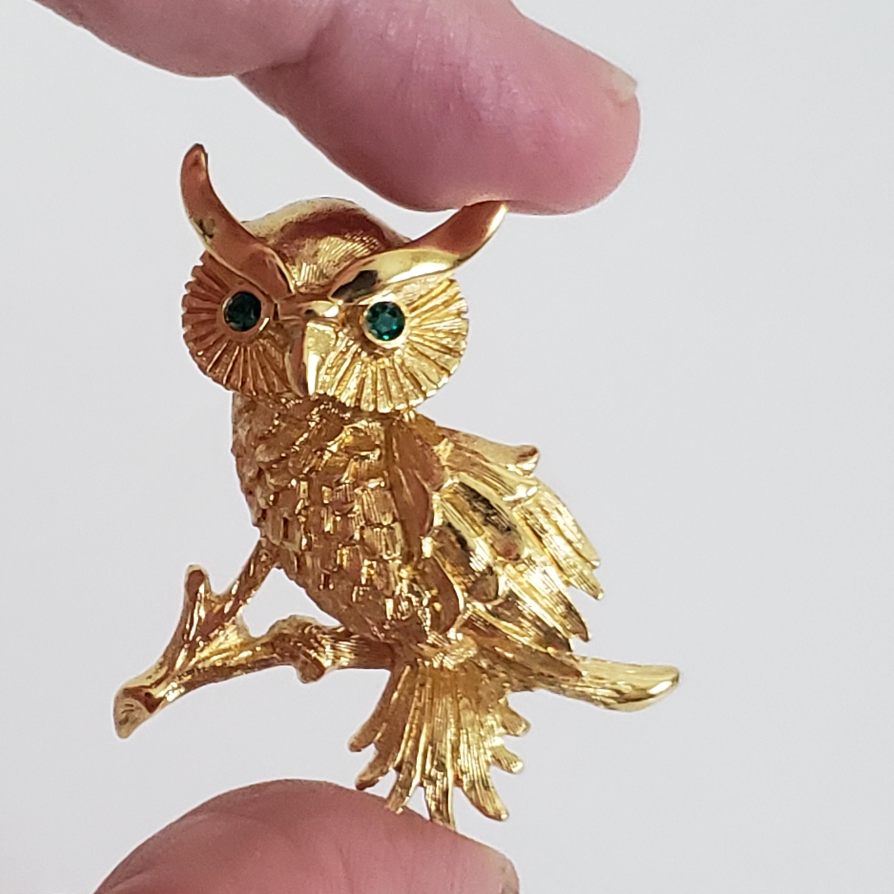 Broche Double Hibou Avec Cristaux Étincelants - Yeux En Cristal Vert - Occasion - Bijou Vintage