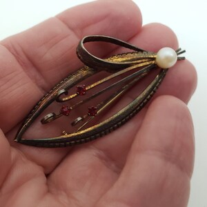 Vintage Sterling Silver Leaf Brooch: Faux Pearl & Ruby Rhinestones, Signed Emby