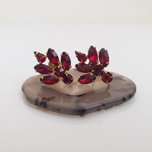 Mid Century Ruby Red Crystal Rhinestone Cluster Earrings, Vintage Screw Back Earrings