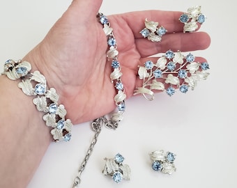 Mid Century Coro Jewelry Set: Blue Rhinestone Silver Tone Parure