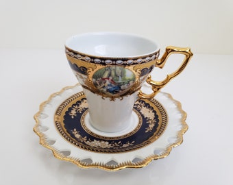 Vintage Adeline Fine Italian Porcelain Teacup and Saucer Set, Ornate Romantic Design