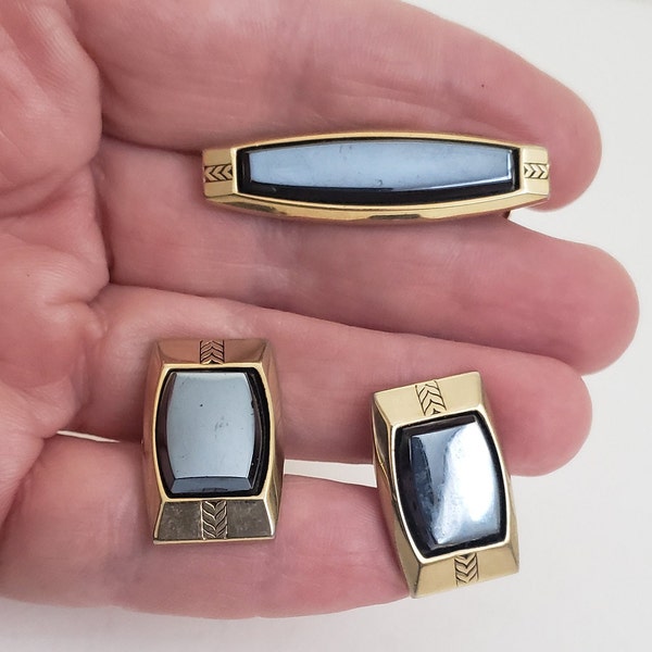 Vintage Rectangular Hematite Cufflinks and Tie Clip on Gold Tone Metal by Hickok USA, Vintage Minimalist Men's Accessory