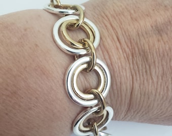 Bracciale vintage a maglie in argento e oro, bracciale geometrico con maglie circolari