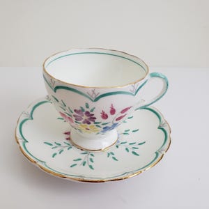 Foley Fine Bone China Teacup and Saucer: Mid-Century Floral, Gold Trim