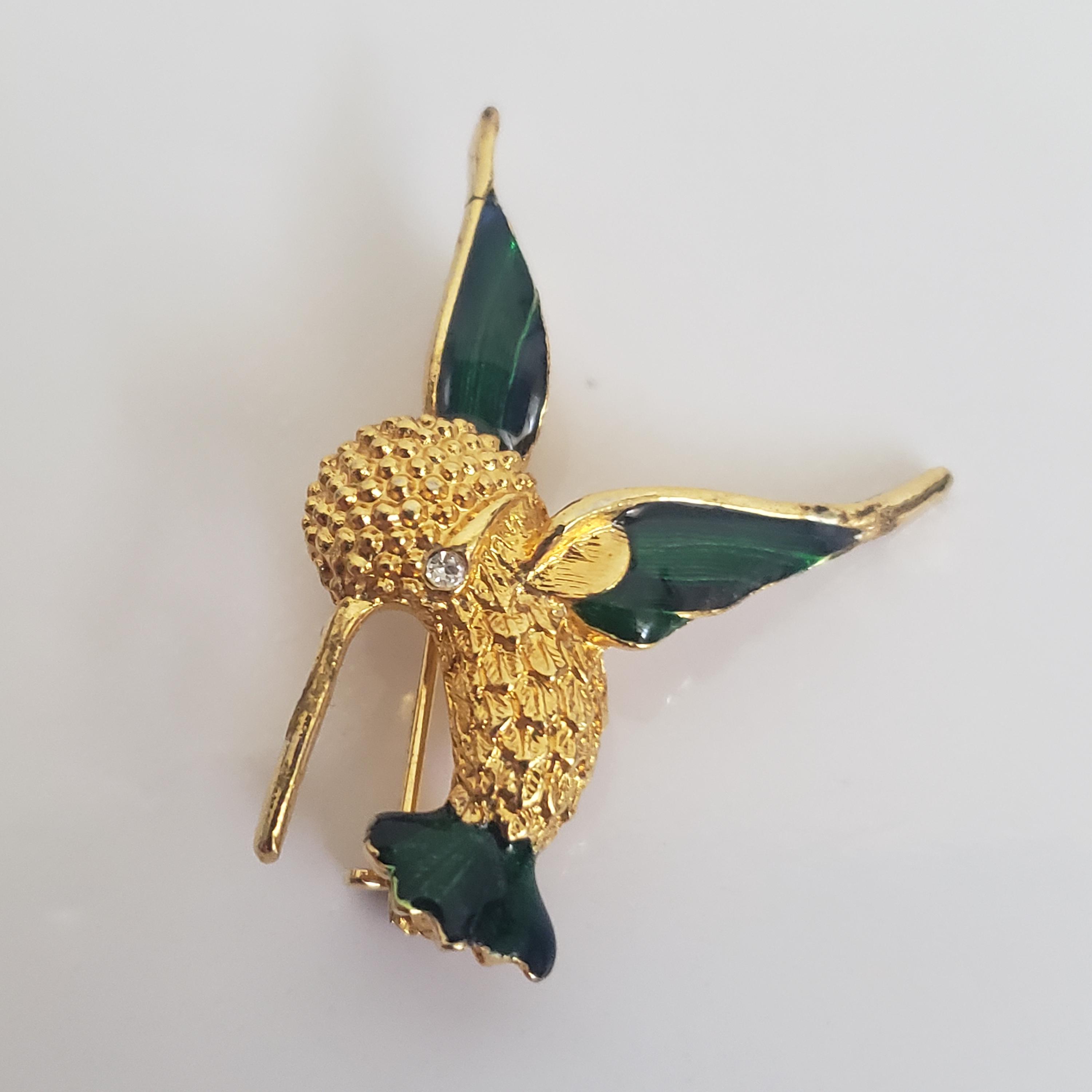 Pins Vintage Colibri Signé SI, Cristaux Et Métal Doré, Couleur Miel, #J9