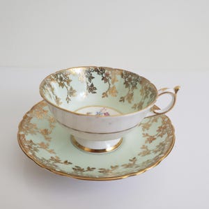 Paragon Fine Bone China tekopp: Mintgrön, Guldlager, Rosa ros