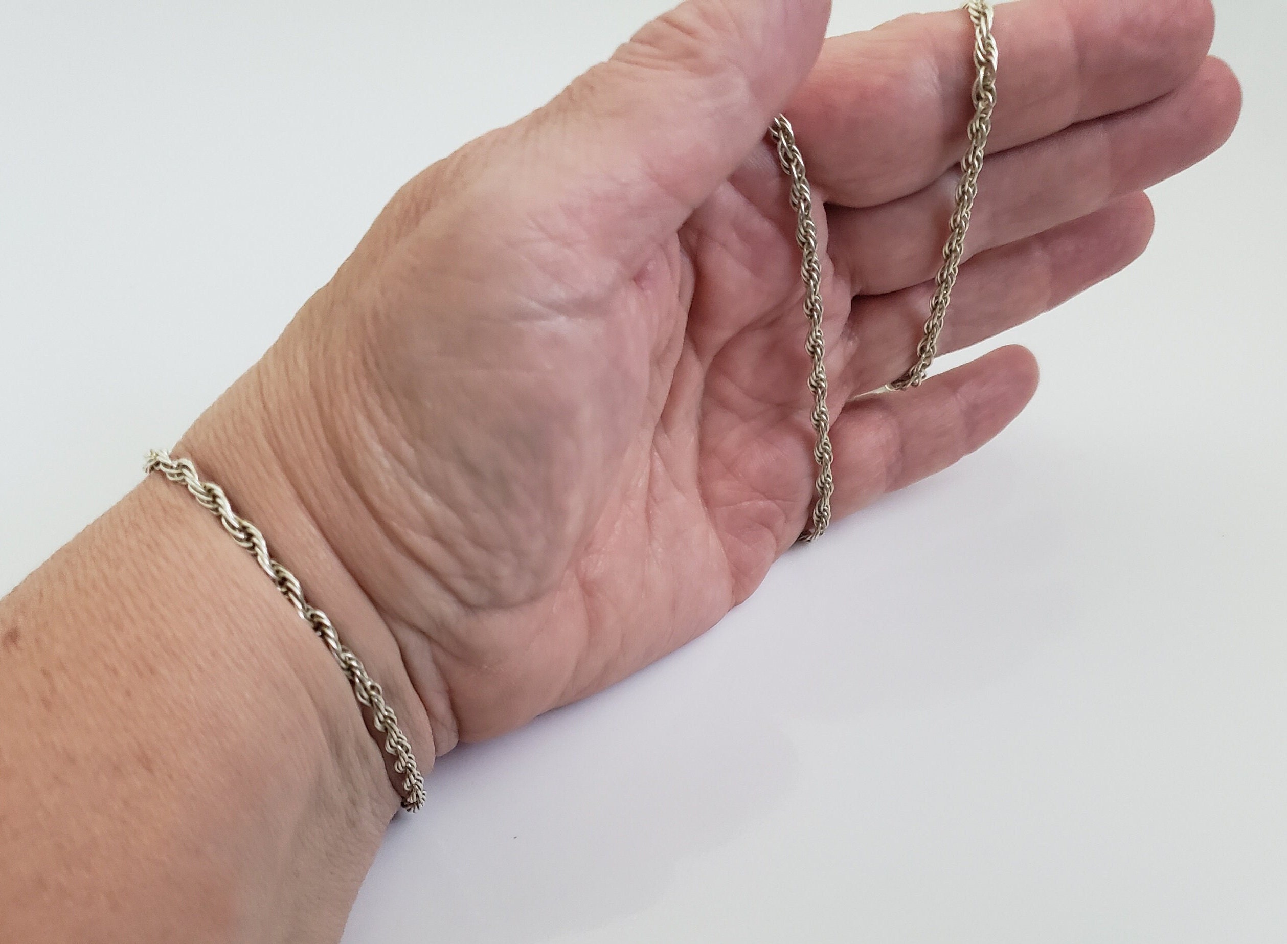 Vintage Silver Rope Chain Necklace or Choker and Matching Bracelet