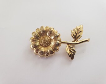 Vintage Gold Tone Sunflower Brooch, Mid Century, Floral, Textured, Detailed