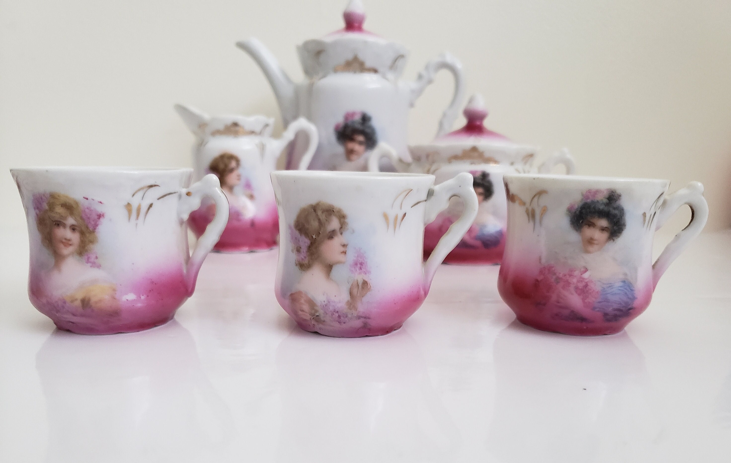 Victorian Ransfers Antique Victorian Porcelain Tea Set: Lady Portrait & Floral Transfers ...