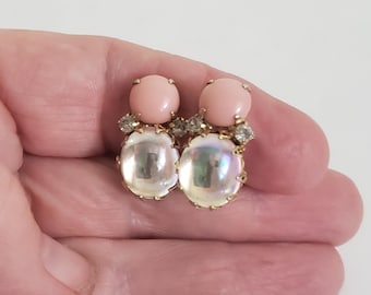 Vintage Pink and Opalescent Cabochon Clip On Earrings