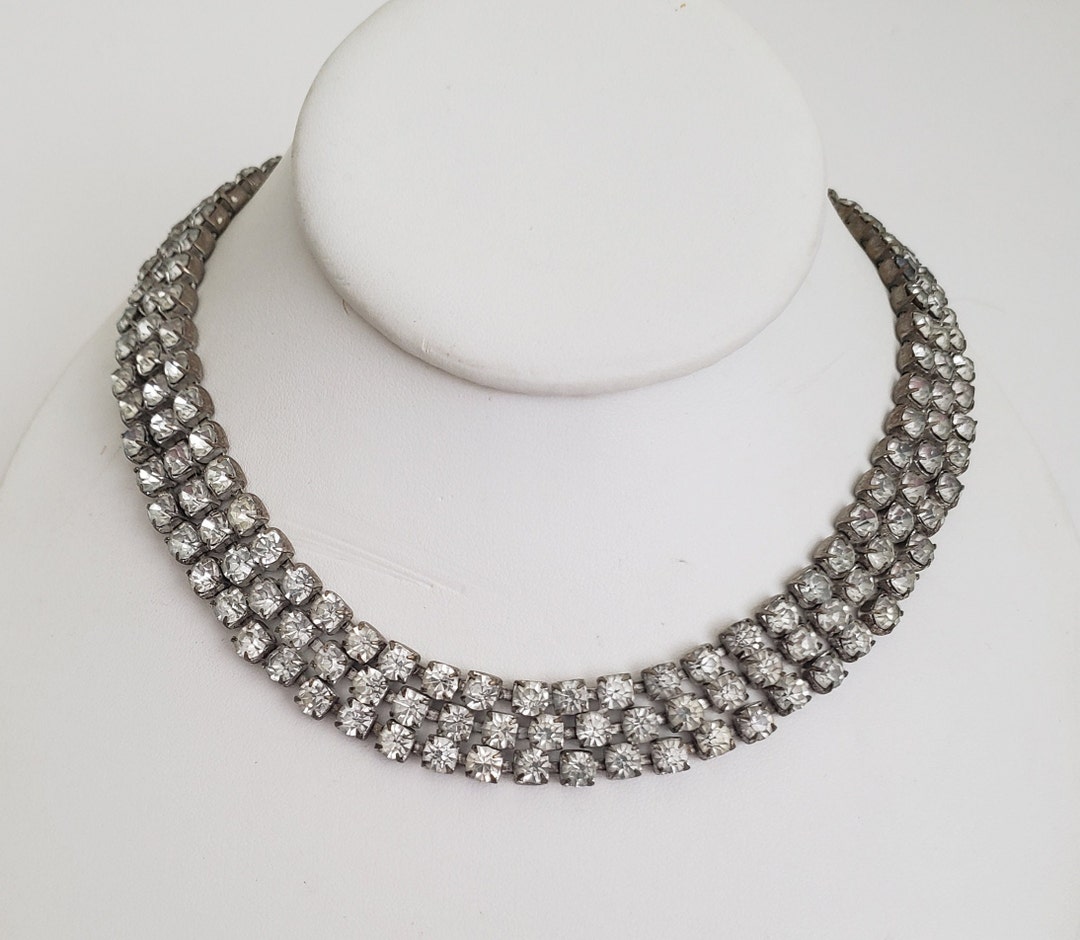 Vintage Clear Crystal Rhinestone Choker Collar or Necklace, Triple ...