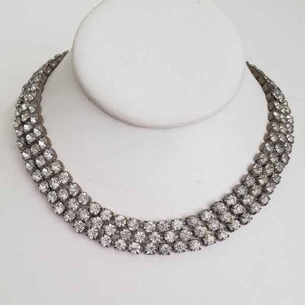 Vintage Clear Crystal Rhinestone Choker Collar or Necklace, Triple Strand Necklace or Choker, Made in Czechoslovakia