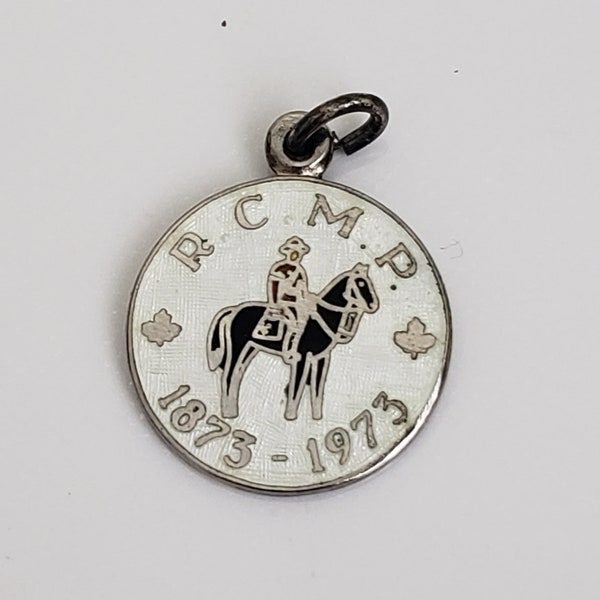 Round Sterling Silver and Enamel RCMP Centennial Charm, Mountie Charm, 1873 to 1973 Commemorative Token, Canada