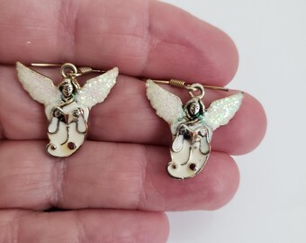 Vintage Christmas Angel Earrings: Silver Tone and Enamel