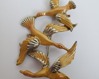 Vintage Wild Geese Brooch, Scarf or Lapel Pin, Three Honey Enamel and Gold Tone Metal Geese Brooch